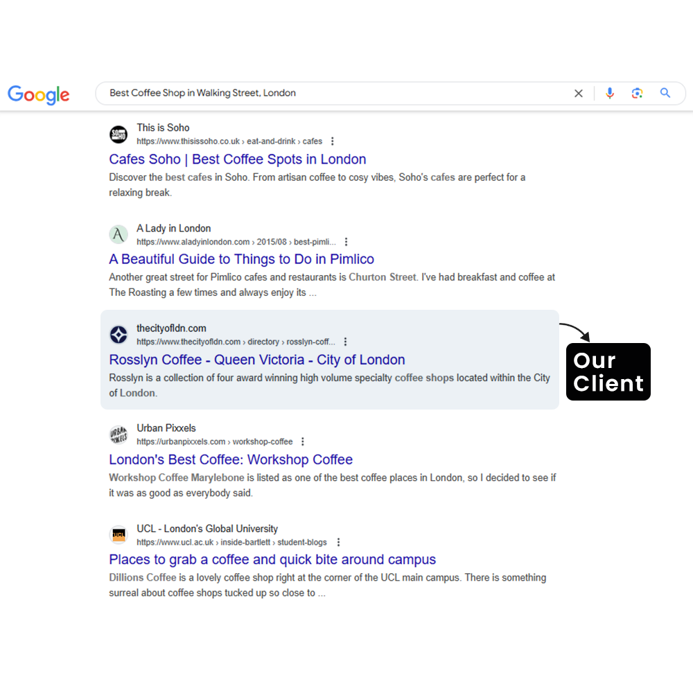 Google results for Best Coffee Shop in Walking Street, London with our client highlighted