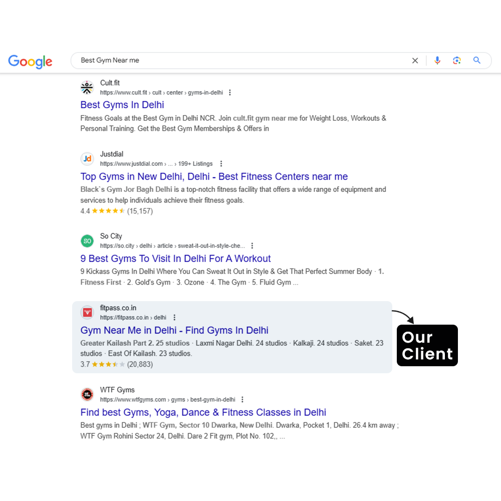 Google results for Best Gym Near Me with our client highlighted