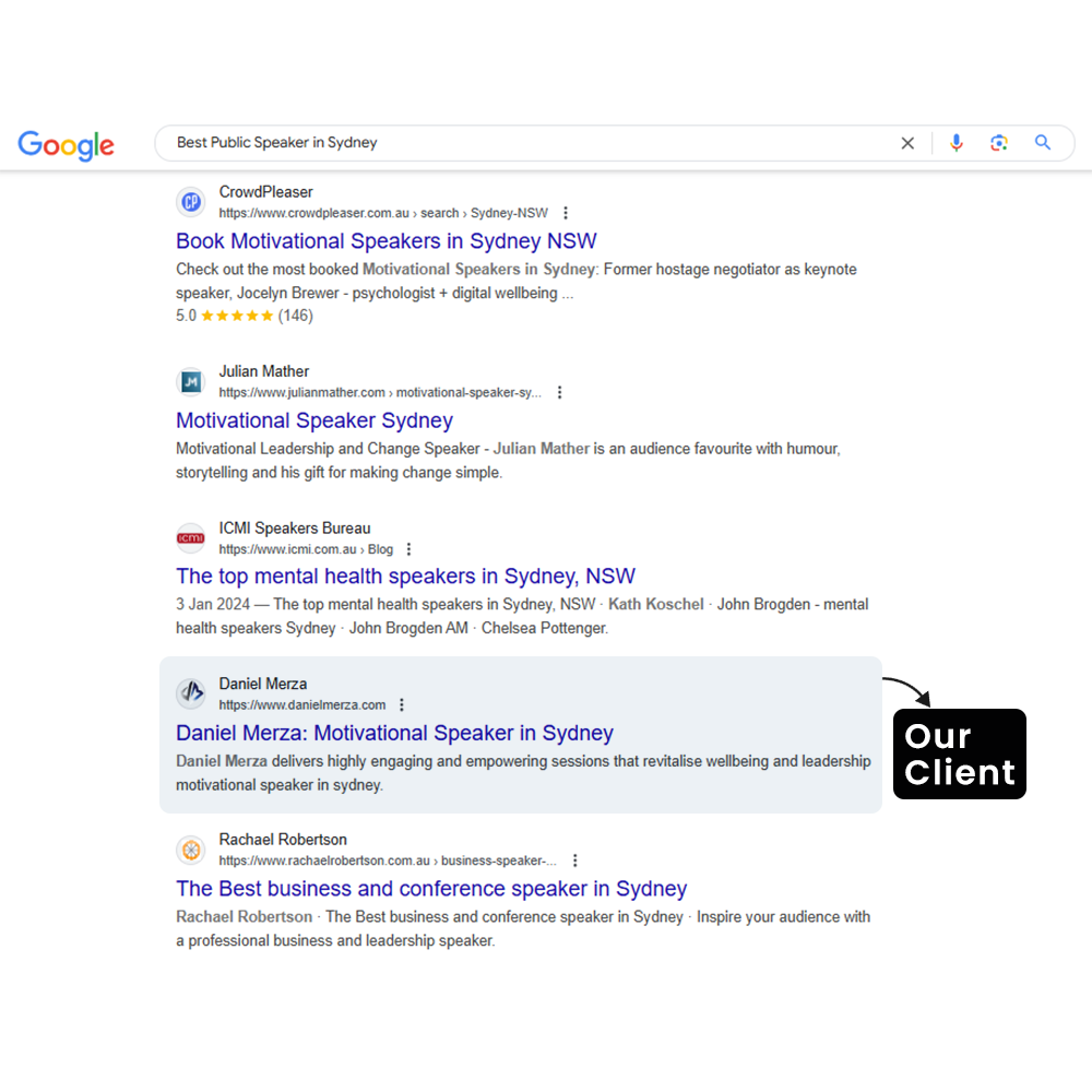 Google results for Best Public Speaker in Sydney with our client highlighted