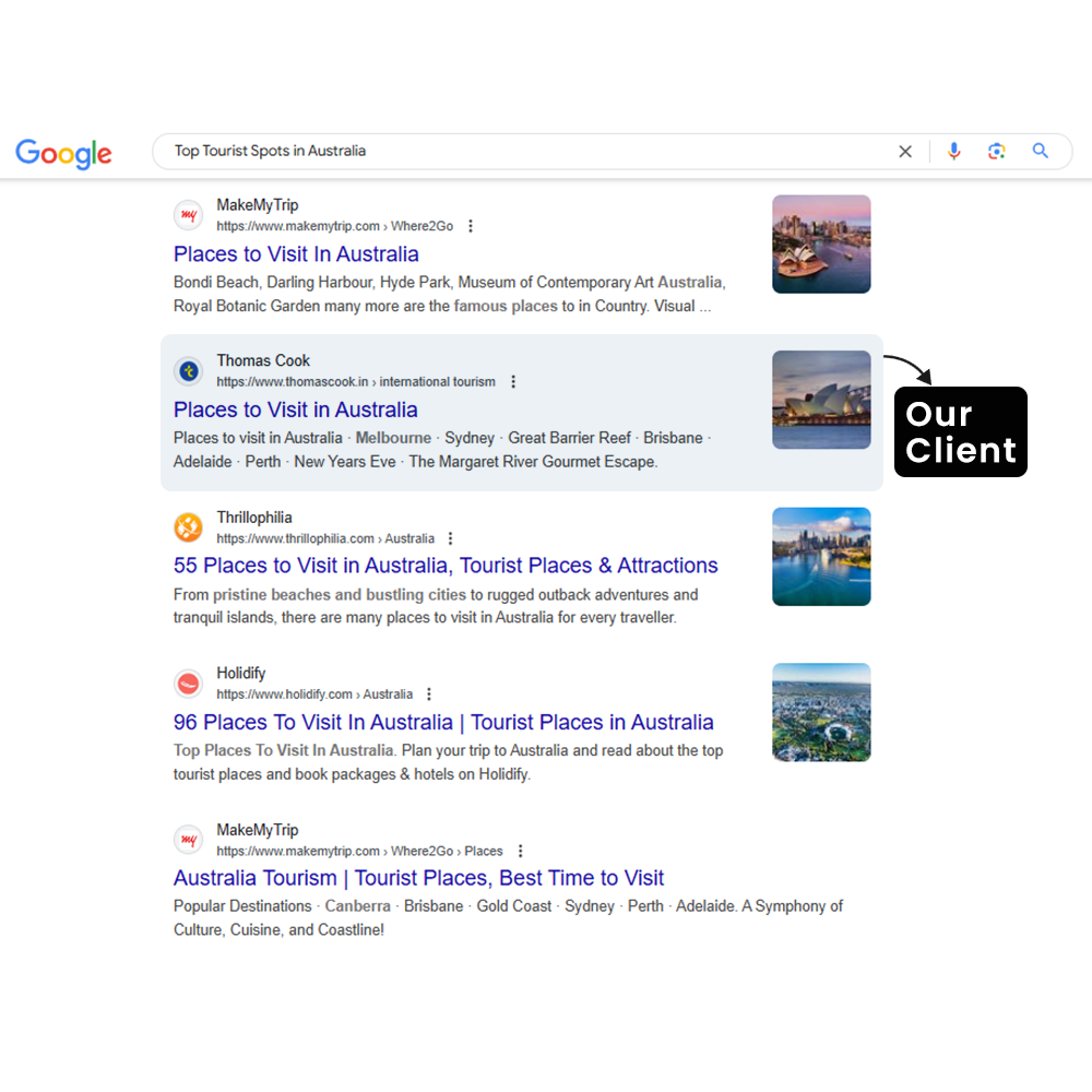 Google results for Top Tourist Spots in Australia with our client highlighted