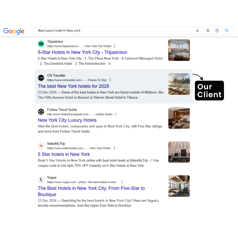 Google results for Best luxury hotel in New York with our client highlighted