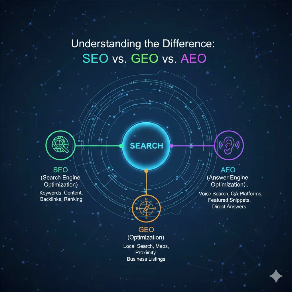 Understanding the Difference: SEO vs. GEO vs. AEO - AI SEO Services in USA