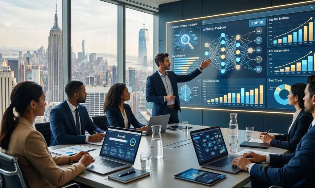 What Is a Digital Marketing Company? The New York Market in 2026 ; Best digital marketing company in New York 2026 – Manhattan skyline with search and AI icons