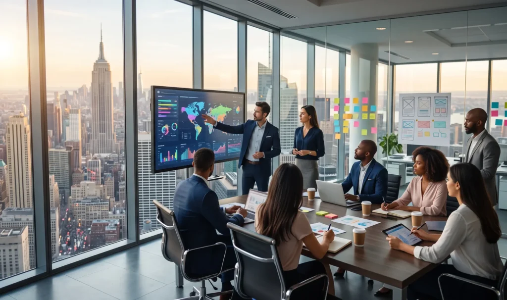 Frequently Asked Questions About Digital Marketing Companies in New York ; Best digital marketing company in New York 2026 – Manhattan skyline with search and AI icons