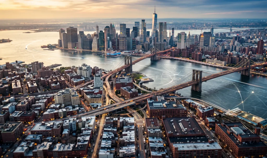 The NYC Local Search Playbook: Five Boroughs and Beyond ; Best digital marketing company in New York 2026 – Manhattan skyline with search and AI icons
