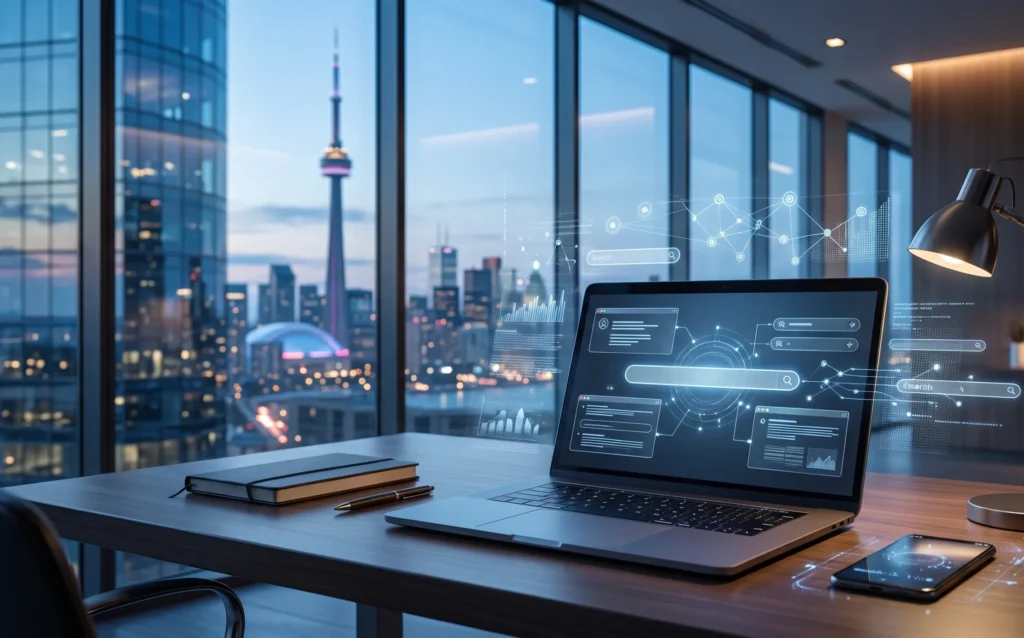 AI Search in Toronto: How to Get Cited by Google AI Mode, ChatGPT and Perplexity; Best digital marketing agency in Toronto 2026 – Toronto skyline with search and AI