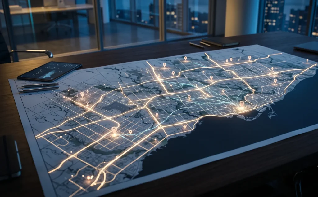 The GTA Local Search Map: From Downtown to Mississauga, Brampton, Vaughan and Markham; Best digital marketing agency in Toronto 2026 – Toronto skyline with search and AI