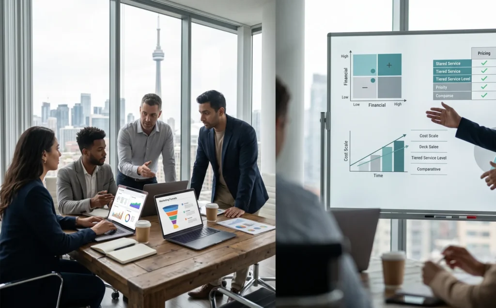 Side-by-Side Comparison: Focus, Pricing and Best Fit; Best digital marketing agency in Toronto 2026 – Toronto skyline with search and AI