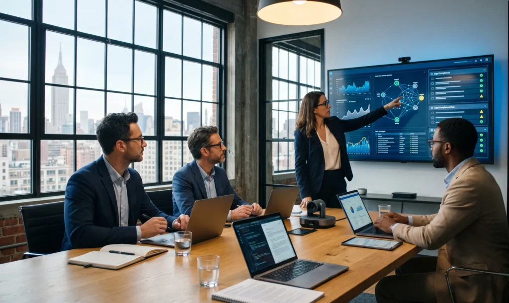 AI Search and New York Compliance: What Your Agency Must Get Right ; Best digital marketing company in New York 2026 – Manhattan skyline with search and AI icons