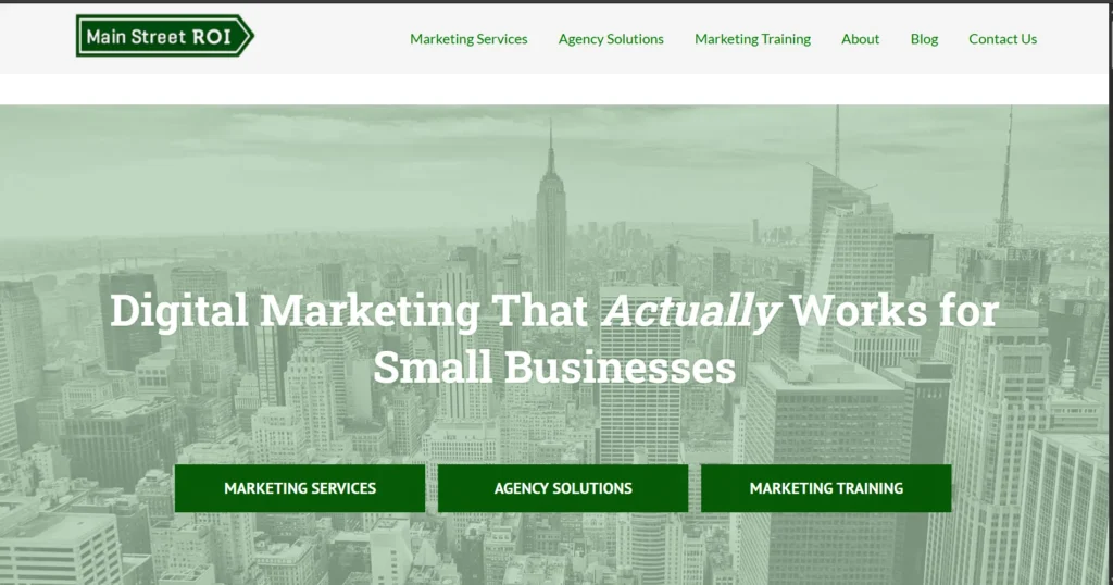 8. Main Street ROI: Best for Small-Business Marketing ;Best digital marketing company in New York 2026 – Manhattan skyline with search and AI icons